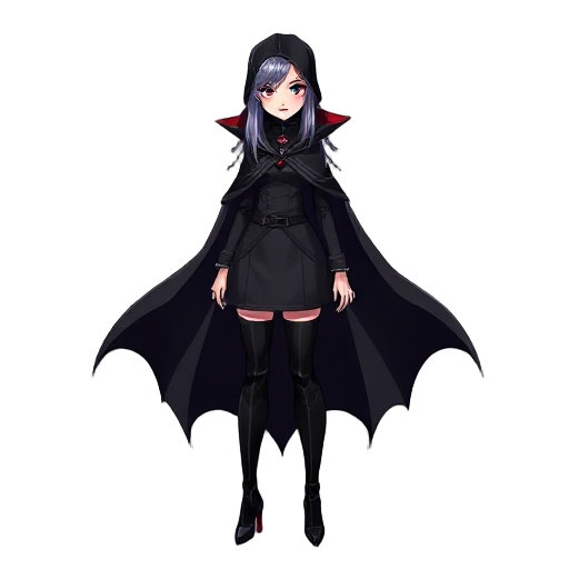 woman, vampire, black cloak, long hair, high-heeled boots.