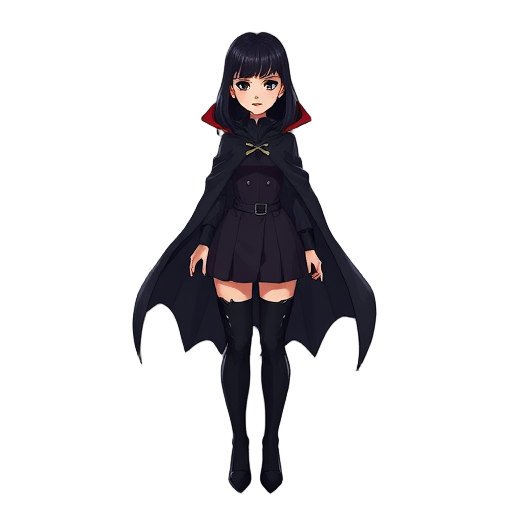 woman, vampire, black cloak, long hair, high-heeled boots.