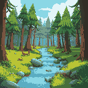forest, grass, wood, trees, river, animals