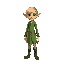 a blonde elf dressed in green looking at camera