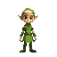 a blonde elf dressed in vivid green looking at camera