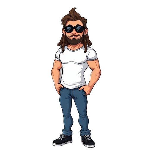 mid 30's , rugged, no beard, brown dread locks , sunglasses, peachy complexion, whit t shirt ,very muscular, blue jeans , black trainers