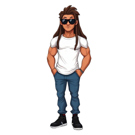 brown dread locks , sunglasses, peachy complexion, whit t shirt ,very muscular, blue jeans , black trainers