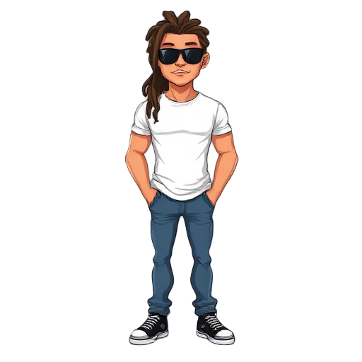 brown dread locks , sunglasses, peachy complexion, whit t shirt , muscular, blue jeans , black trainers