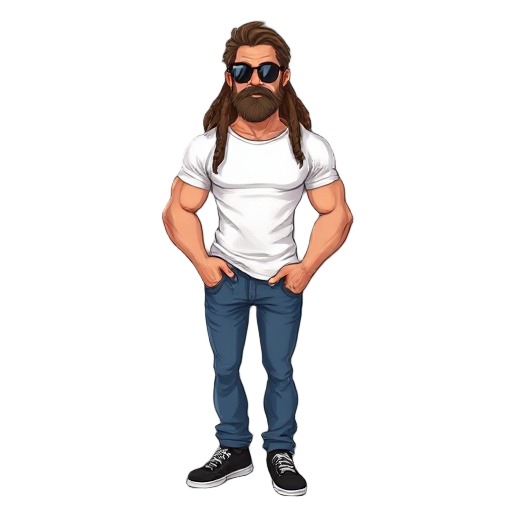 rugged late 30's male . very muscular, brown dreadlocks, sunglasses, peachy complexion , white t shirt , blue jeans , black trainers