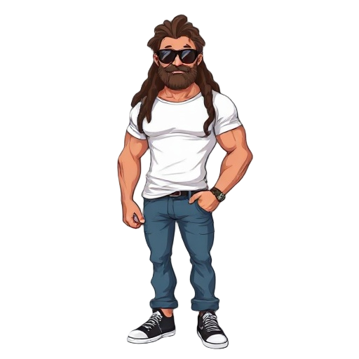 rugged late 30's male ,stubbly . very muscular, brown dreadlocks, sunglasses, peachy complexion , white t shirt , blue jeans , black trainers