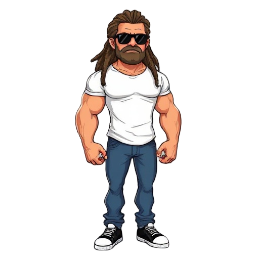 mid 30's , rugged, brown dread locks , sunglasses, peachy complexion, whit t shirt ,very muscular, blue jeans , black trainers