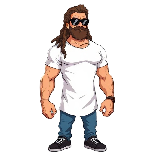 rugged late 30's male ,no beard but stubbly . very muscular, brown dreadlocks, sunglasses, peachy complexion , white t shirt , blue jeans , black trainers
