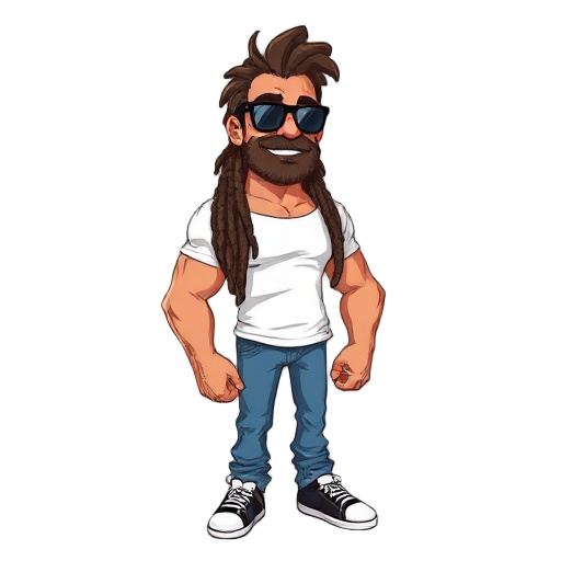 rugged late 30's male ,stubbly . very muscular, brown dreadlocks, sunglasses, peachy complexion , white t shirt , blue jeans , black trainers