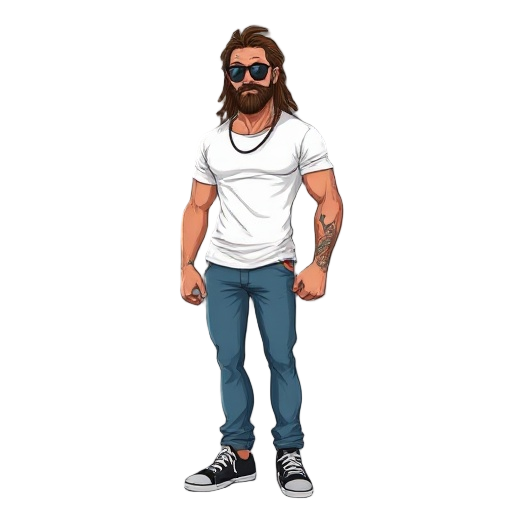 rugged late 30's male ,no beard but stubbly . very muscular, brown dreadlocks, sunglasses, peachy complexion , white t shirt , blue jeans , black trainers