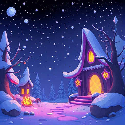magical, colorful, cartoon, dark style, snowy background picture