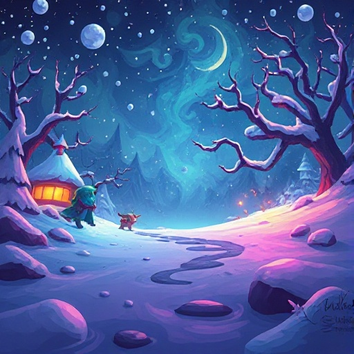 magical, colorful, cartoon, dark style, wild ,snowy background picture,