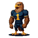 human-like eagle with brown feathers, yellow beak, navy jersey with yellow "1", muscular build, clawed yellow feet, upright stance, athletic and confident look.