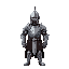a heroic medieval knight standing proudly in a dark, ruined fantasy world. he wears full silver plate armor, slightly worn from battle. his helmet is cylindrical, bucket-shaped, with a flat top, a nar