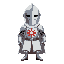 a medieval knight in silver steel armor, a closed helmet with a cube-shaped visor and small holes. he wears a white robe on the armor, with the symbol of a smiling sun painted on his chest with red an