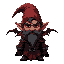 a male gnome warlock in dark red clothing with an ominous shadowy apparition behind them.