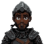 a dark skinned human fantasy warrior wearing chainmail and a half-helmet.
