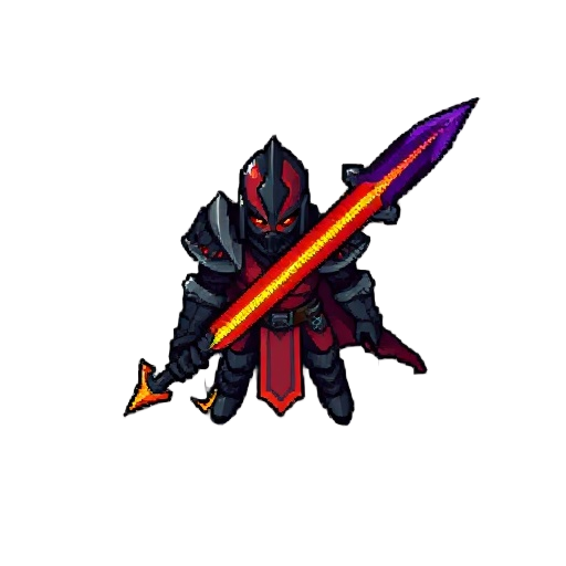 pixel-art 16-bit sprite: guerreiro ex-sentinela em ¾, armadura carvão, manto vermelho. emberblade laranja na mão direita, voidblade negra púrpura diagonal nas costas. contraste brasas x trevas.