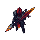 pixel-art 16-bit sprite: guerreiro ex-sentinela em ¾, armadura carvão, manto vermelho. emberblade laranja na mão direita, voidblade negra púrpura diagonal nas costas. contraste brasas x trevas.