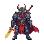 pixel-art 16-bit sprite: guerreiro ex-sentinela em ¾, armadura carvão, manto vermelho. emberblade laranja na mão direita, voidblade negra púrpura diagonal nas costas. contraste brasas x trevas.