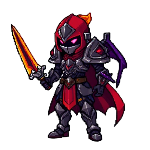 pixel-art 16-bit sprite: guerreiro ex-sentinela em ¾, armadura carvão, manto vermelho. emberblade laranja na mão direita, voidblade negra púrpura diagonal nas costas. contraste brasas x trevas.