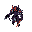 pixel-art 16-bit sprite: guerreiro ex-sentinela em ¾, armadura carvão, manto vermelho. emberblade laranja na mão direita, voidblade negra púrpura diagonal nas costas. contraste brasas x trevas.