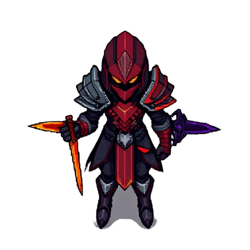 pixel-art 16-bit: guerreiro ex-sentinela em ¾, armadura carvão, manto vermelho. emberblade laranja na mão direita, voidblade negra púrpura diagonal nas costas. contraste brasas x trevas.