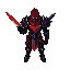 pixel-art 16-bit sprite: guerreiro ex-sentinela em ¾, armadura carvão, manto vermelho. emberblade laranja na mão direita, voidblade negra púrpura diagonal nas costas. contraste brasas x trevas.
