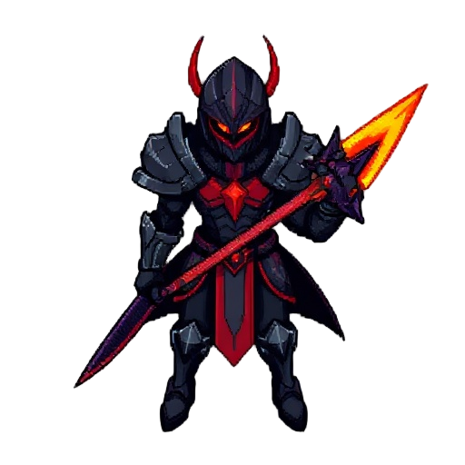 pixel-art 16-bit sprite: guerreiro ex-sentinela em ¾, armadura carvão, manto vermelho. emberblade laranja na mão direita, voidblade negra púrpura diagonal nas costas. contraste brasas x trevas.