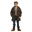 a handsome, muscular 30 year old man with light brown hair wearing a open overcoat with many pockets and a pair of sturdy jeans over thick soled sneakers.