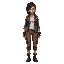 a 29 year old hispanic woman with dreaded hair dyed dark red and silver facial piercings, wearing a grey drab demin jacket over a tight white shirt and well worn tan capris above military boots.