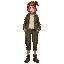 a 29 year old hispanic woman with dreaded dyed red hair and facial piercings, wearing an olive drab demin jacket over a white polo and stylish but well worn capris and military boots.