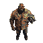 a large, bald muscular black man wearing a colorful ubuttoned ripped hawiian shirt and a grey racoon puppet on his right hand.