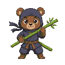cute brown bear, dressed as a ninja, wielding bamboo as a sword. suitable for a creature collection game.