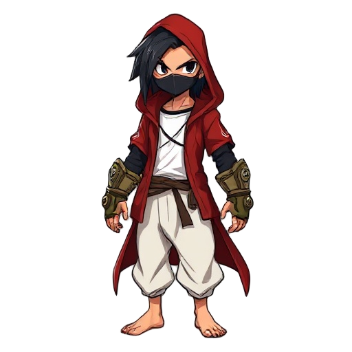 a black-haired monk with two large steampunk-style gauntlets (only the gauntlets are steampunk). he wears loose white pants, a red hooded jacket open at the front with a white t-shirt underneath, and is barefoot. his face is covered by a black mask with a