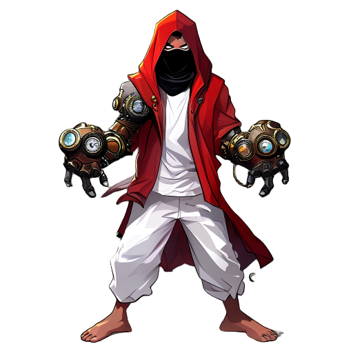 black-haired monk with two large steampunk-style gauntlets (only the gauntlets are steampunk). wears loose white pants, an open red hooded jacket over a white t-shirt, barefoot. black mask with minimal white details. agile martial arts stance, dynamic pos