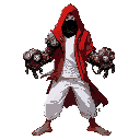 black-haired monk with two large steampunk-style gauntlets (only the gauntlets are steampunk). wears loose white pants, an open red hooded jacket over a white t-shirt, barefoot. black mask with minimal white details. agile martial arts stance, dynamic pos