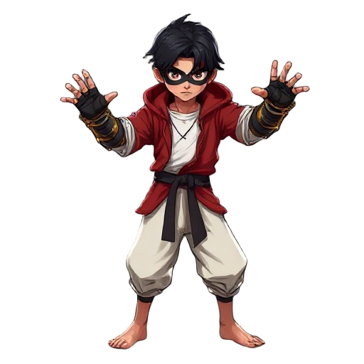 black-haired monk with two large steampunk-style gauntlets (only the gauntlets are steampunk). wears loose white pants, an open red hooded jacket over a white t-shirt, barefoot. black mask with minimal white details. agile martial arts stance, dynamic pos