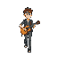 a 2d musician walking with a ukulele in hand. camera angle is from the top slightly tilted to the left
