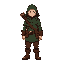 a single pixel-art sprite of a forest ranger standing pose, 64×64 pixels, transparent background. character wears a dark green hooded cloak, brown leather boots and belt, equipped with a quiver of arrows and wooden bow on the back. detailed pixel shading,