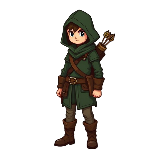 a single pixel-art sprite of a forest ranger standing pose, 64×64 pixels, transparent background. character wears a dark green hooded cloak, brown leather boots and belt, equipped with a quiver of arrows and wooden bow on the back. detailed pixel shading,