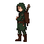 a single pixel-art sprite of a forest ranger standing pose, 64×64 pixels, transparent background. character wears a dark green hooded cloak, brown leather boots and belt, equipped with a quiver of arrows and wooden bow on the back. detailed pixel shading,