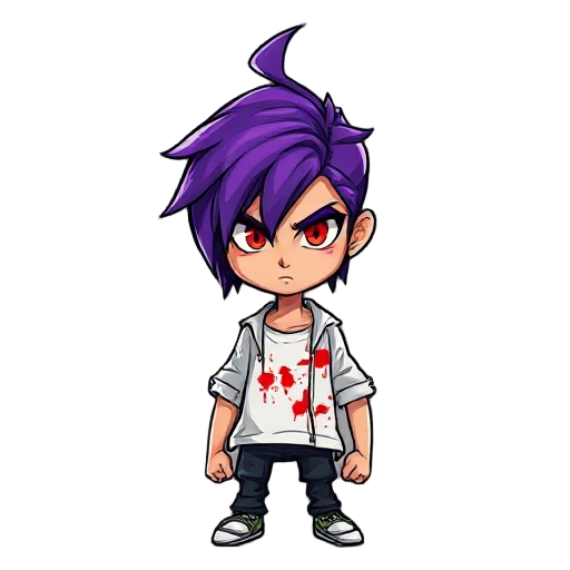 a young character stands confidently , exuding a sense of rebelliousness and intensity. with vibrant purple hair framing a determined face, their striking red eyes draw immediate attention, hinting at an underlying story of confrontation. clad in a casual
