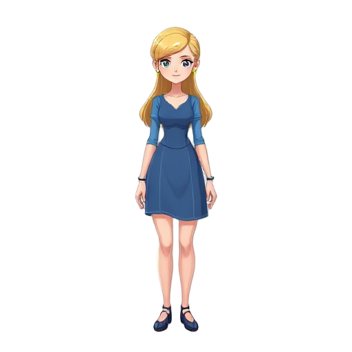  woman with blond hair and blue dress
