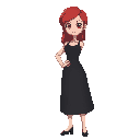  woman with red hair and black dress, has his right arm on his hip, stands slightly tilted