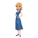  woman with blond hair and blue dress, has his left arm on his hip, stands slightly tilted