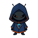 single character on transparent background: a small hooded alien with two short antennae, matte black face with two small orange eye slits, deep-blue hooded cloak with subtle darker blue shading and an angular cyan emblem on the chest, orange trim around 