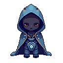 a small hooded alien with two short antennae, matte black face with two small orange eye slits, deep-blue hooded cloak with subtle darker blue shading and an angular cyan emblem on the chest, orange trim around.add a small high‑tech capsule mounted on the