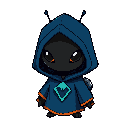 a small hooded alien with two short antennae, matte black face with two small orange eye slits, deep-blue hooded cloak with subtle darker blue shading and an angular cyan emblem on the chest, orange trim around.add a small high‑tech capsule mounted on the
