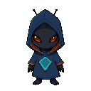 single character on transparent background: a small hooded alien with two short antennae, matte black face with two small orange eye slits, deep-blue hooded cloak with subtle darker blue shading and an angular cyan emblem on the chest, orange trim around 